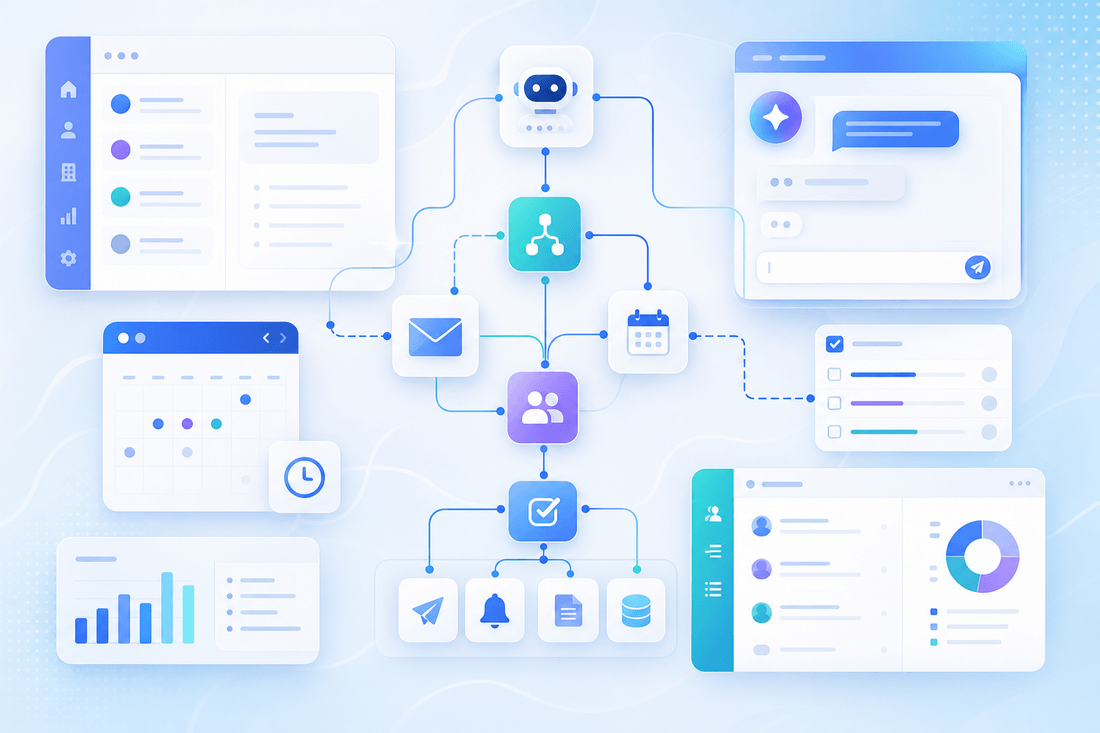 AI workflow automation visual showing connected business systems and process flows.