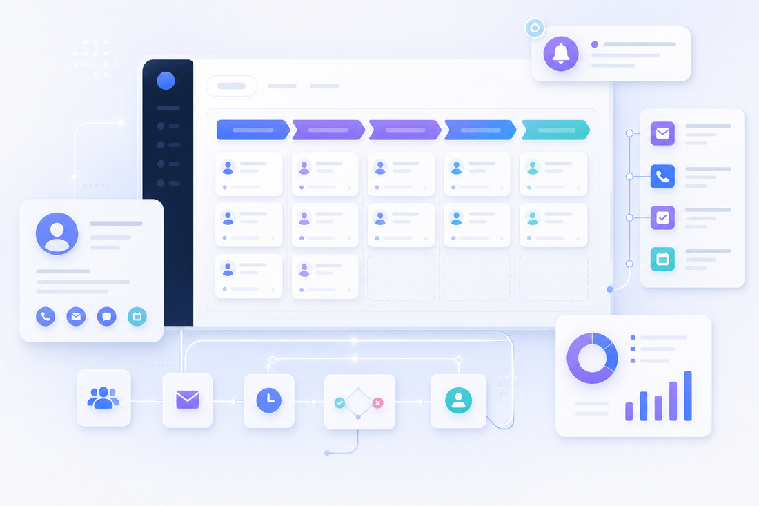 CRM and follow-up automation dashboard with abstract contact and pipeline cards.