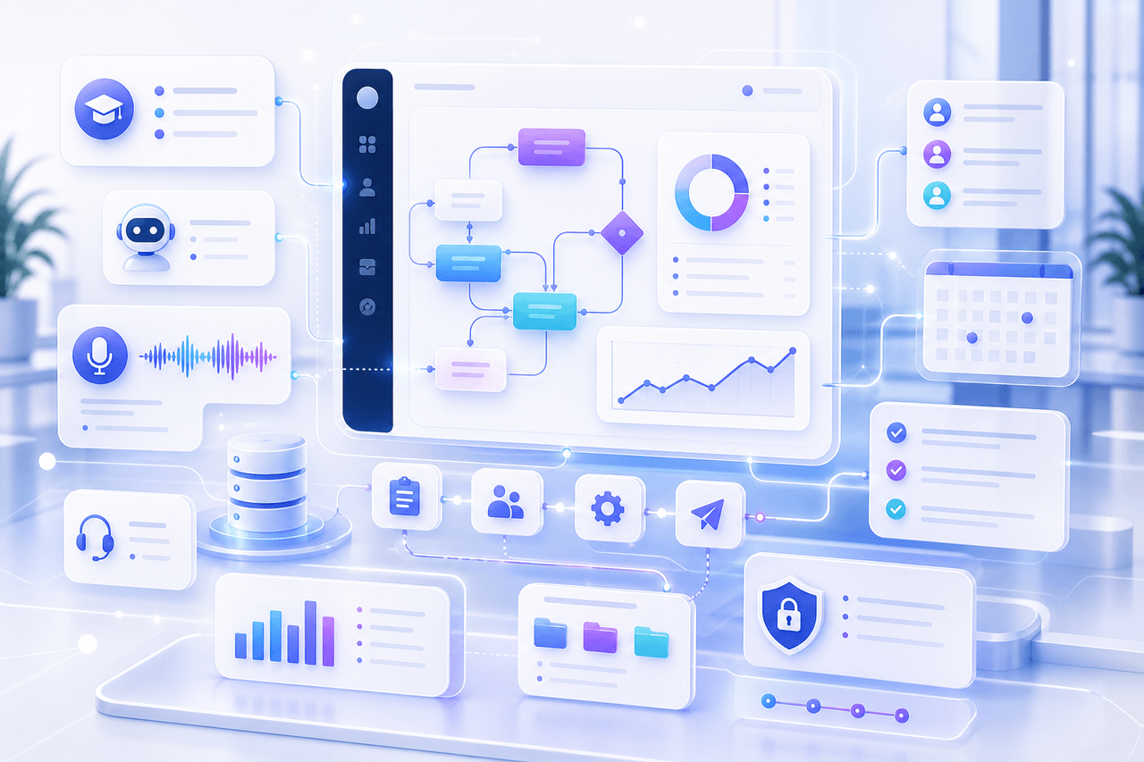 Abstract AI and business systems dashboard representing Service Of Tomorrow's training, consulting, and automation solutions.