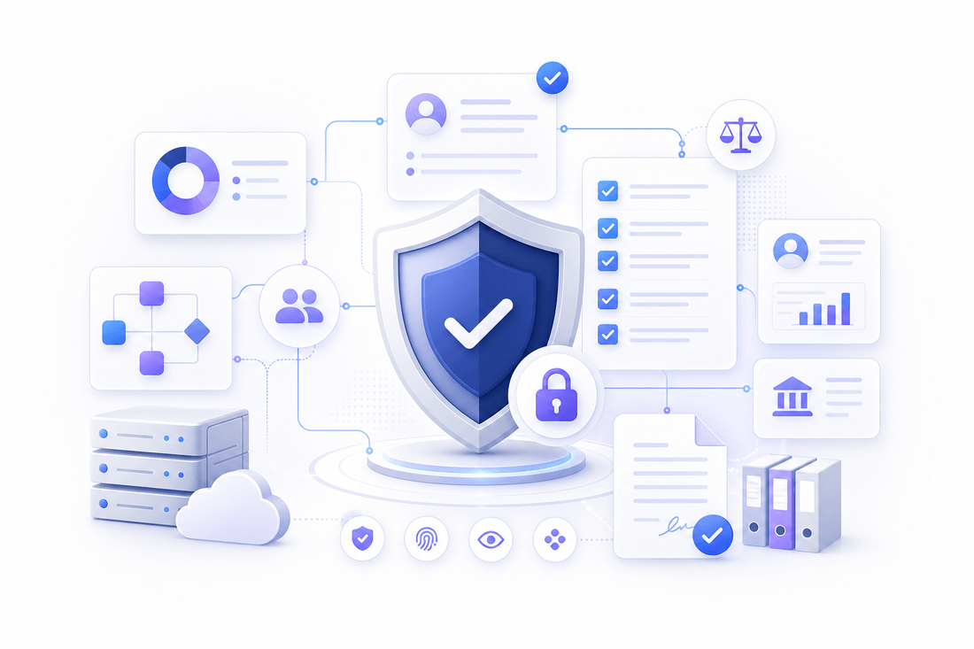 Responsible business practices visual with compliance, privacy, and trust elements.
