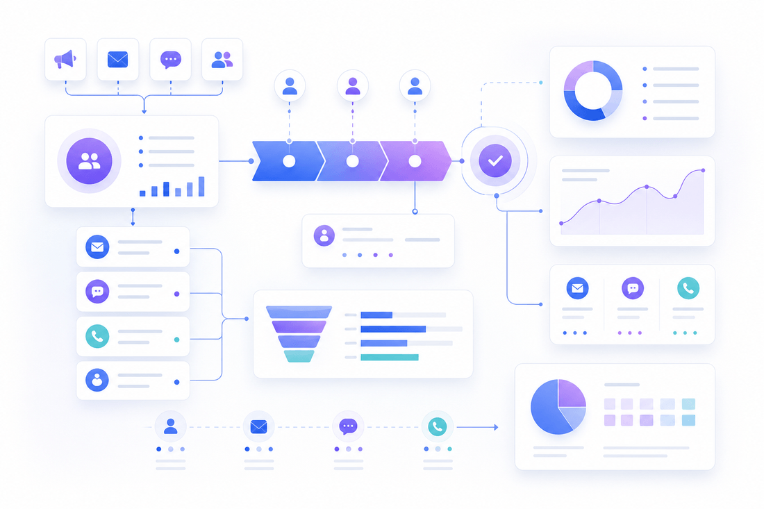 Ethical sales and marketing systems visual with customer journey and analytics cards.